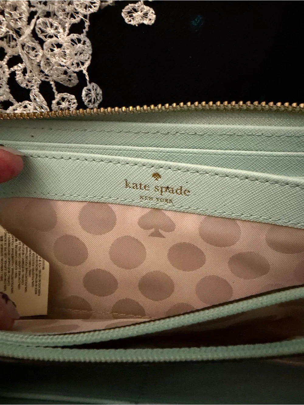 kate spade pale Mint  zip-around wallet with gold logo